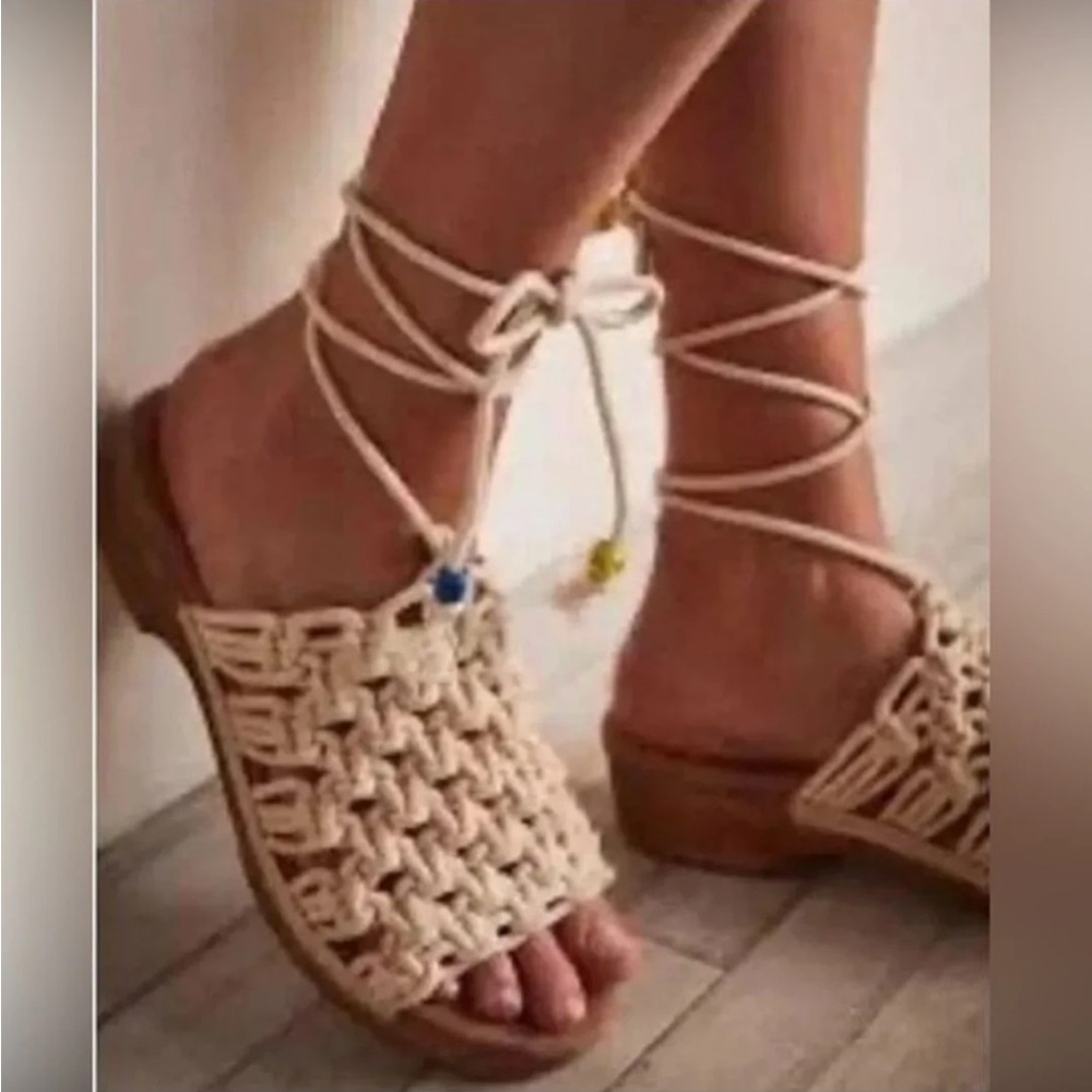 Free People-9.5-cream-boho, Crochet Braided, Woven Rope,Clog,Ankle Tie, Sandals.